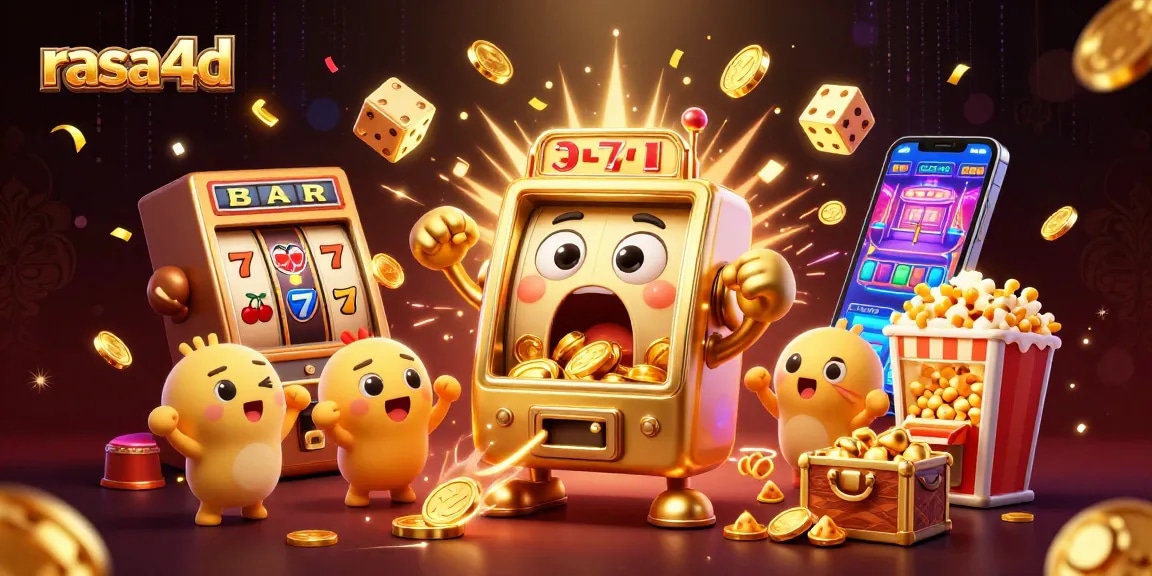 Rasa4d mempersembahkan slot mesin yang menang dengan koin berlimpah dan mesin slot kecil yang bersorak.