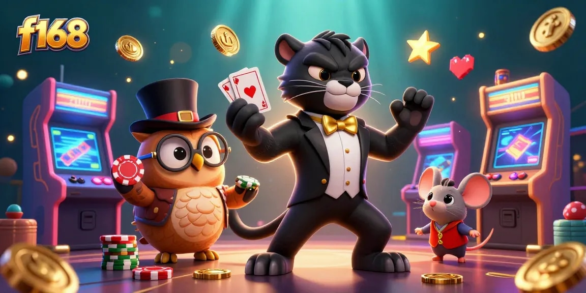 Engage in winning strategies with f168's vibrant casino scene featuring unique characters and game elements.