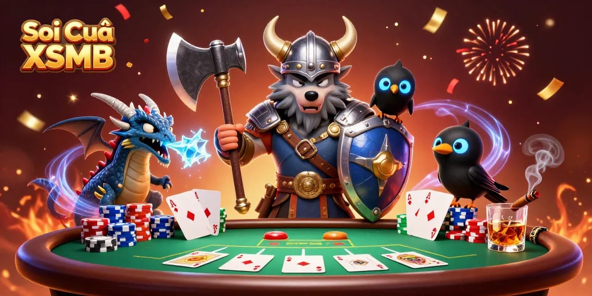 Engage in Soi Cầu XSMB with a dynamic illustration of a Viking wolf warrior at a poker table.