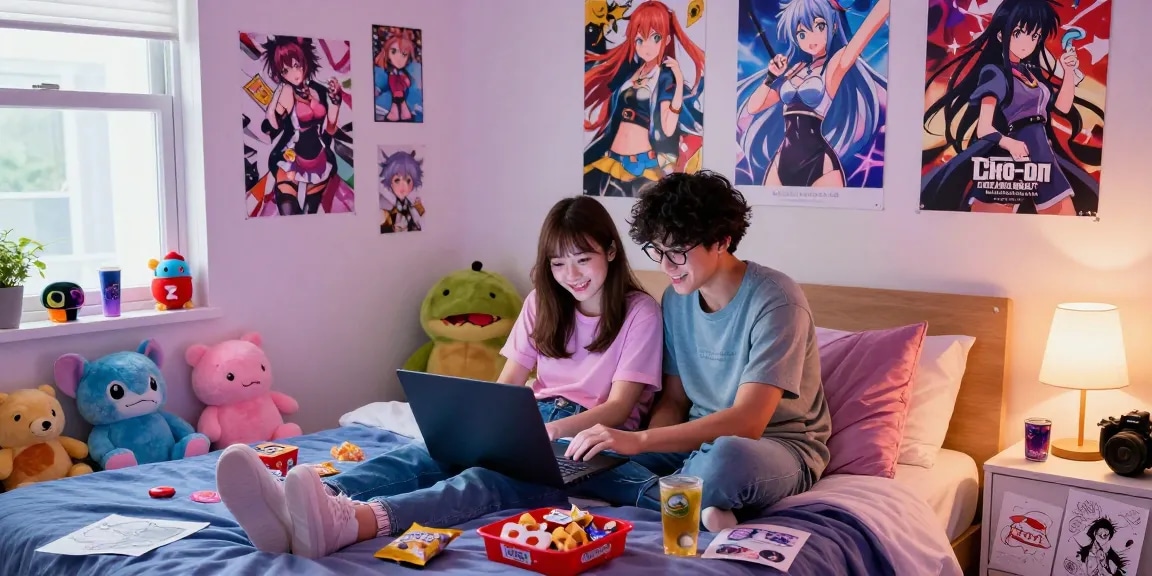 Couple enjoying hentai games on a laptop in a cozy bedroom atmosphere.