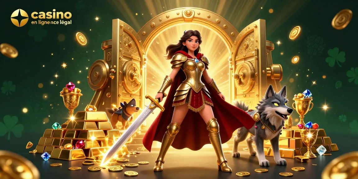 Découvrez l'attrait du casino en ligne France légal avec une reine guerrière et un trésor dans cette scène 3D vibrante.