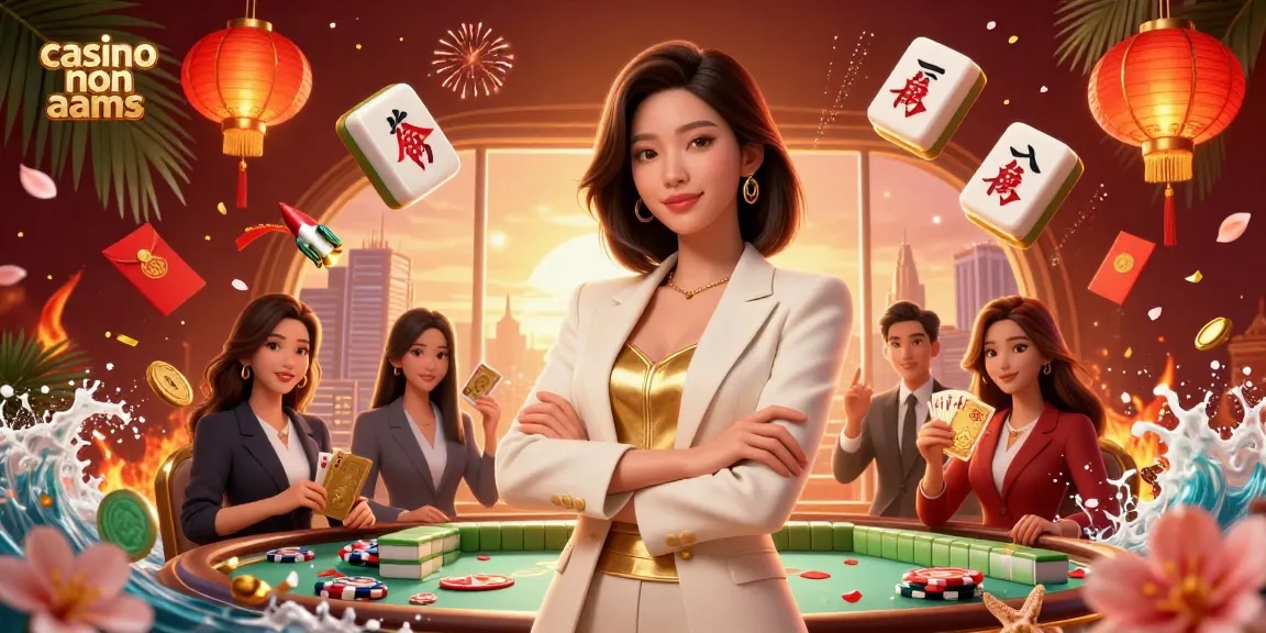 Scopri l'energia vibrante del casino non aams con un'elegante donna asiatica che mostra le sue carte d'oro tra elementi di gioco colorati.