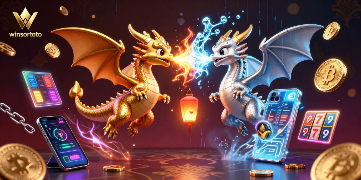 winsortoto showcases a captivating 3D scene of gold and silver dragons breathing fire and ice, surrounded by vibrant gaming elements