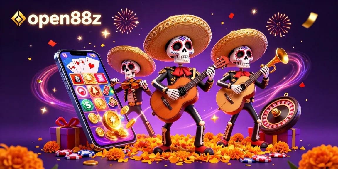 Experience thrilling gameplay at open88z with a vibrant illustration of a mariachi band themed around online casinos.
