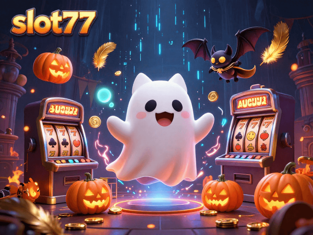 Slot777 membawa pengalaman bermain slot gacor online yang seru dengan karakter hantu dan jack-o-lantern.