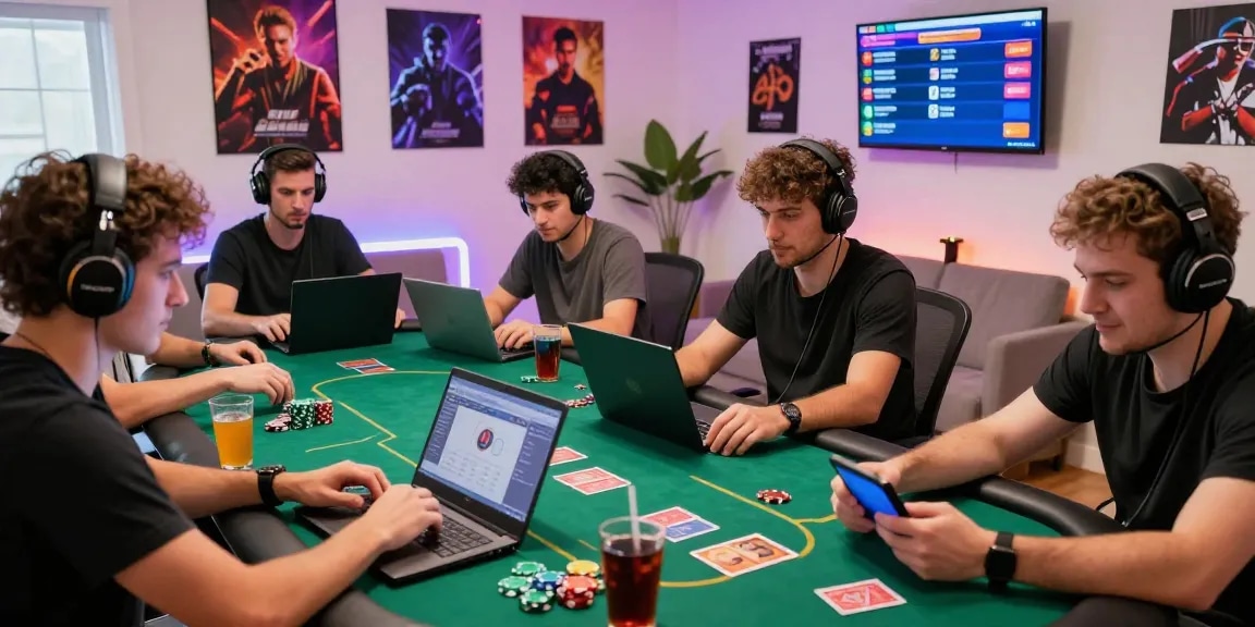 Players enjoying an intense game of poker online, focusing on Daftar Domino8 gameplay with vibrant setup.