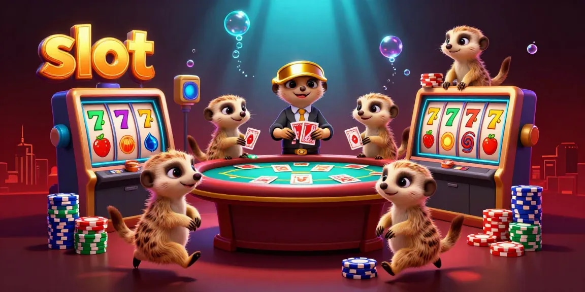Engage and win at slot games with dynamic meerkat casino scene, colorful reels and chips.
