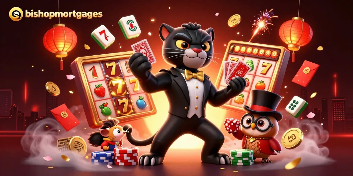 Bishopmortgages features a stylish panther dealer alongside owl and mouse, showcasing vibrant casino elements.