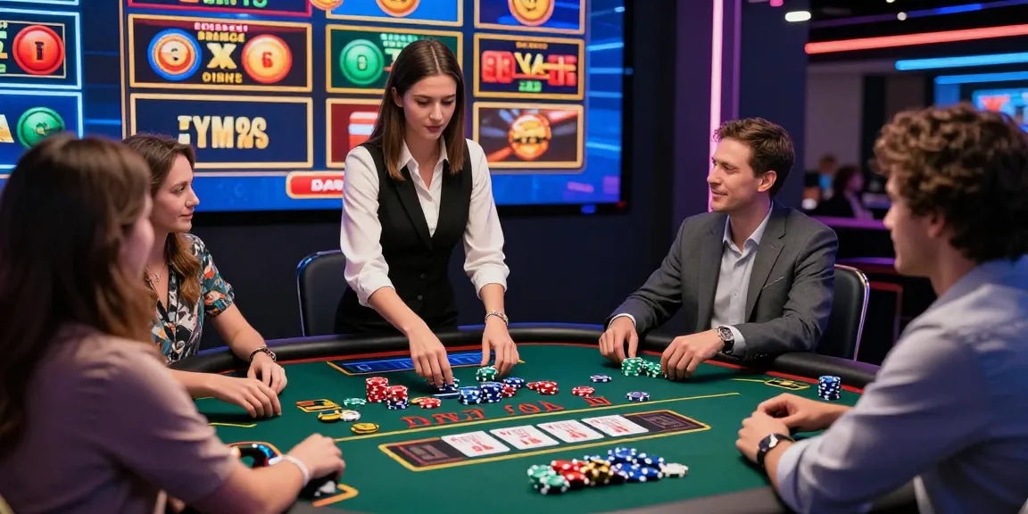 Engaging gambling experience on 78win's online casino platform with players and dealers.
