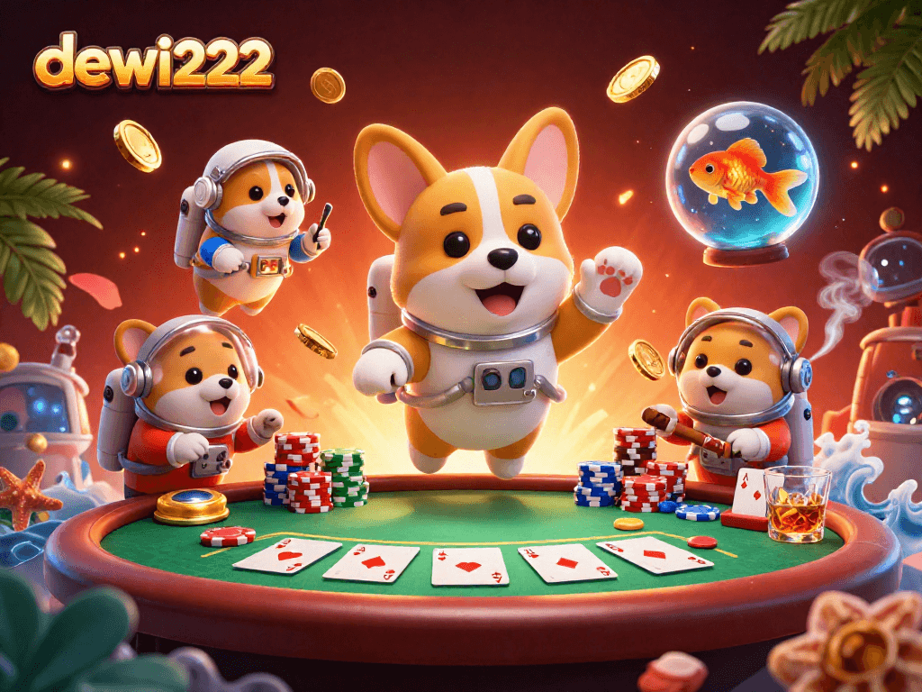 Gambarlah dewi222 saat memainkan permainan poker di kasino luar angkasa yang penuh warna.