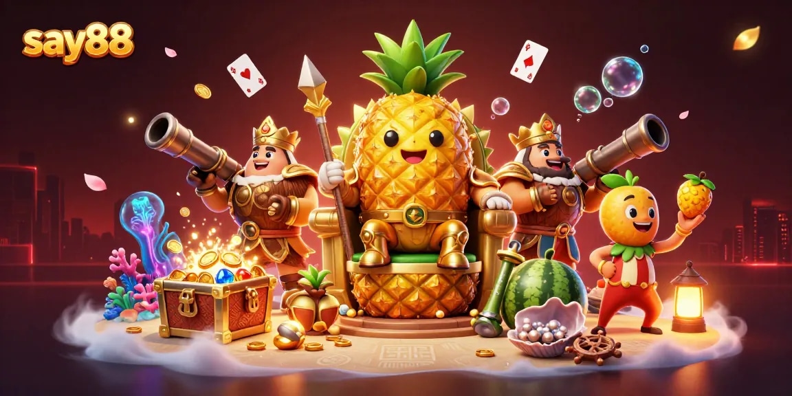 Experience thrilling wins at say88 with a vibrant casino scene featuring a golden pineapple king under dynamic lights.