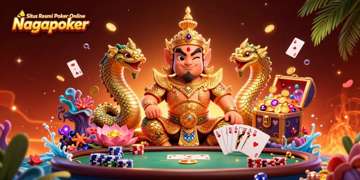 Experience thrilling poker action with Situs Resmi Poker Online Nagapoker in this vibrant 3D illustration.
