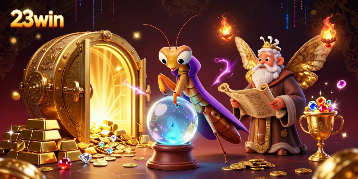 Play slots and explore winnings at 23win with vibrant treasures surrounding a mystical fortune teller.