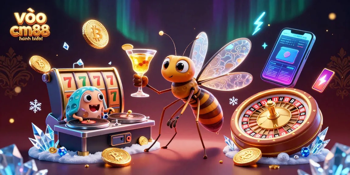 Spin the golden roulette wheel at the vibrant scene featuring vào cm88 nhanh nhất with a 3D mosquito mascot and exciting game elements.