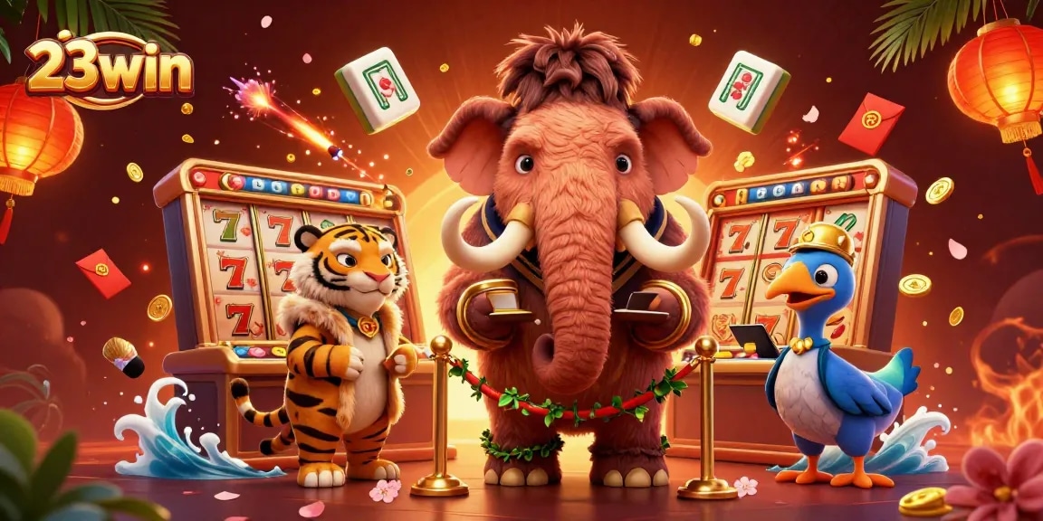 Experience the excitement of 23win with a dynamic casino scene featuring engaging characters and vibrant elements.