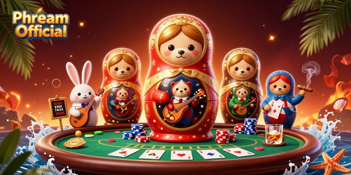Engage with Phdream Official through vibrant casino adventures featuring 3D cartoon bears and poker elements.