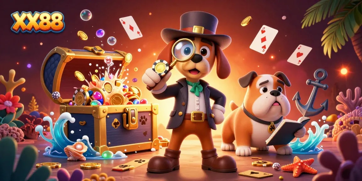 Engage in exciting slot games at XX88 with vibrant characters discovering treasures in a dynamic underwater scene.
