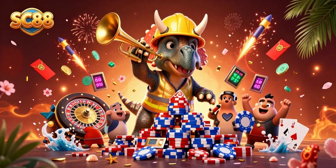 Engage in SC88 casino action with cheerful characters building poker chip pyramids in a festive atmosphere.