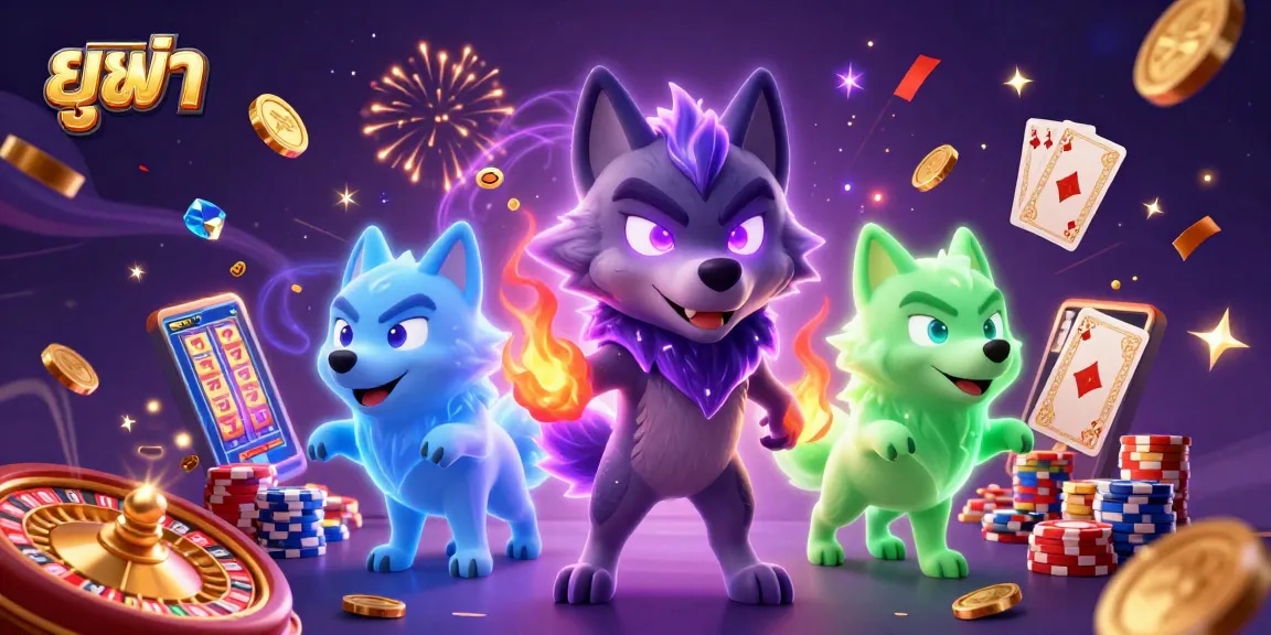 Win big with ยูฟ่า in a vibrant casino scene featuring a dynamic wolf pack and exciting gaming elements.
