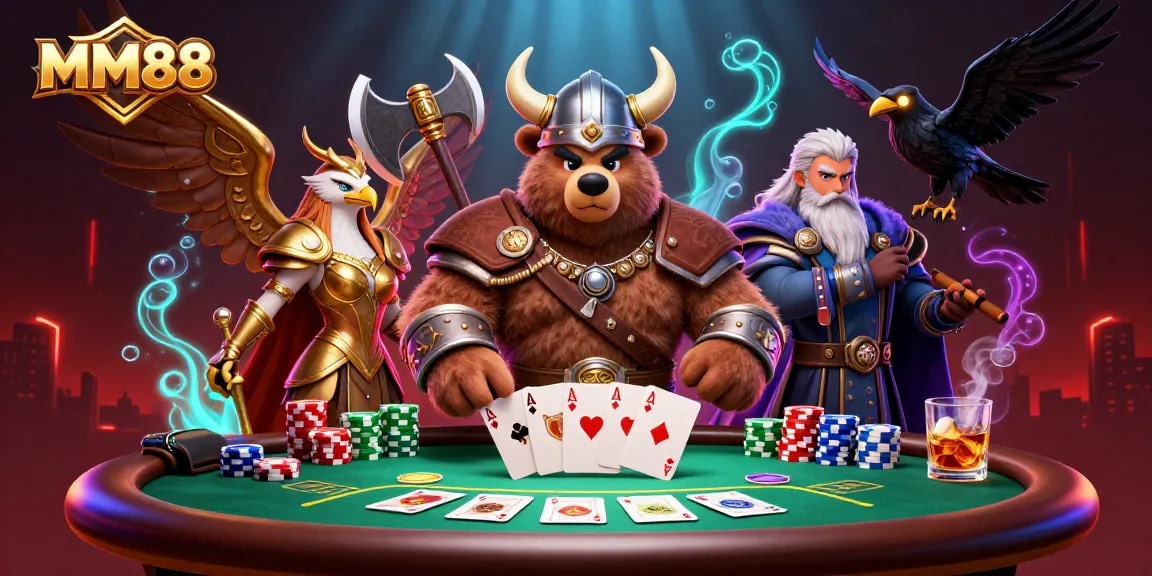 Engage with MM88's thrilling poker scene featuring Viking characters and vibrant casino elements.