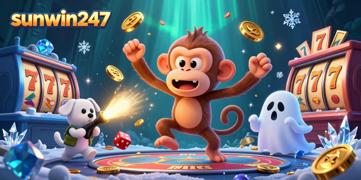 Experience thrilling gameplay with sunwin247 in a dynamic 3D juggler scene with ghostly elements and casino features.