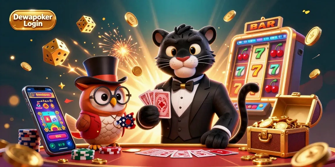 Dewapoker Login scene showcasing a stylish panther, owl, and mouse in a playful poker environment