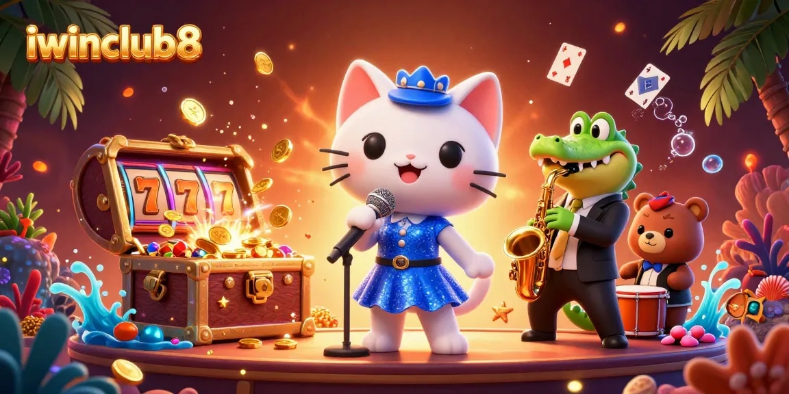 Engage with iwinclub8's vibrant casino scene featuring lively characters and slot gaming elements.