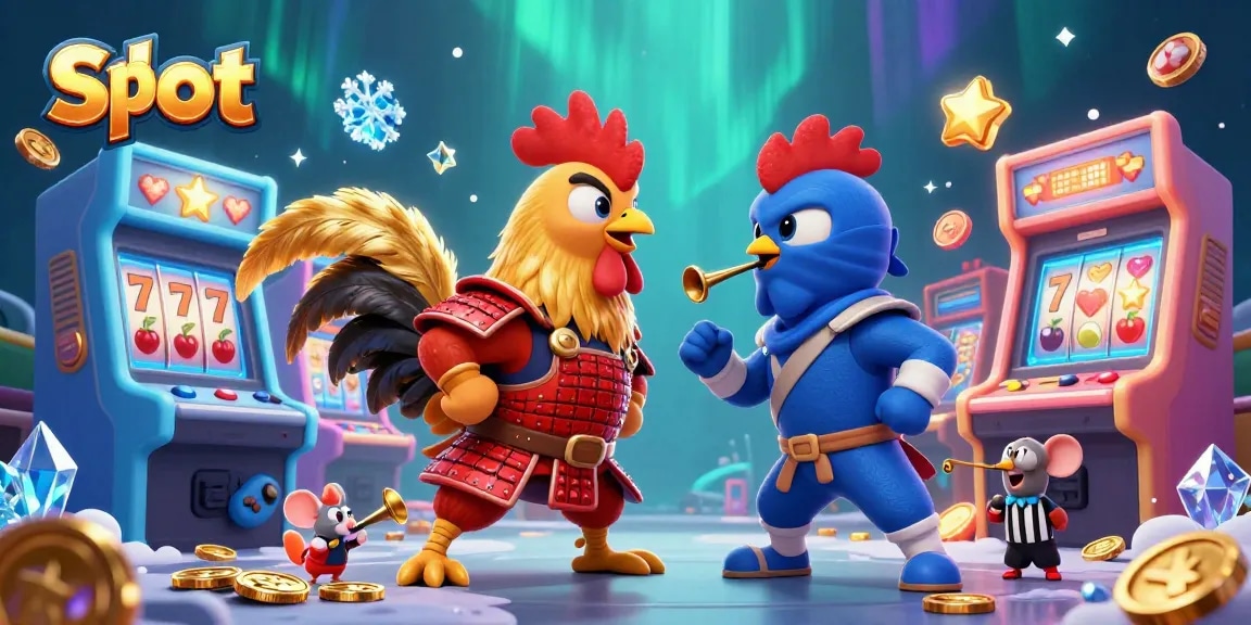 Engage with thrilling slot action as roosters duel amidst colorful casino arcade elements.