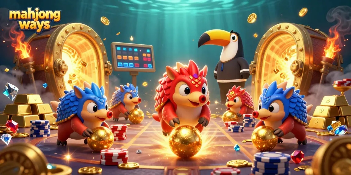 Win big with mahjong ways in this vibrant 3D scene featuring pangolins and golden treasures.