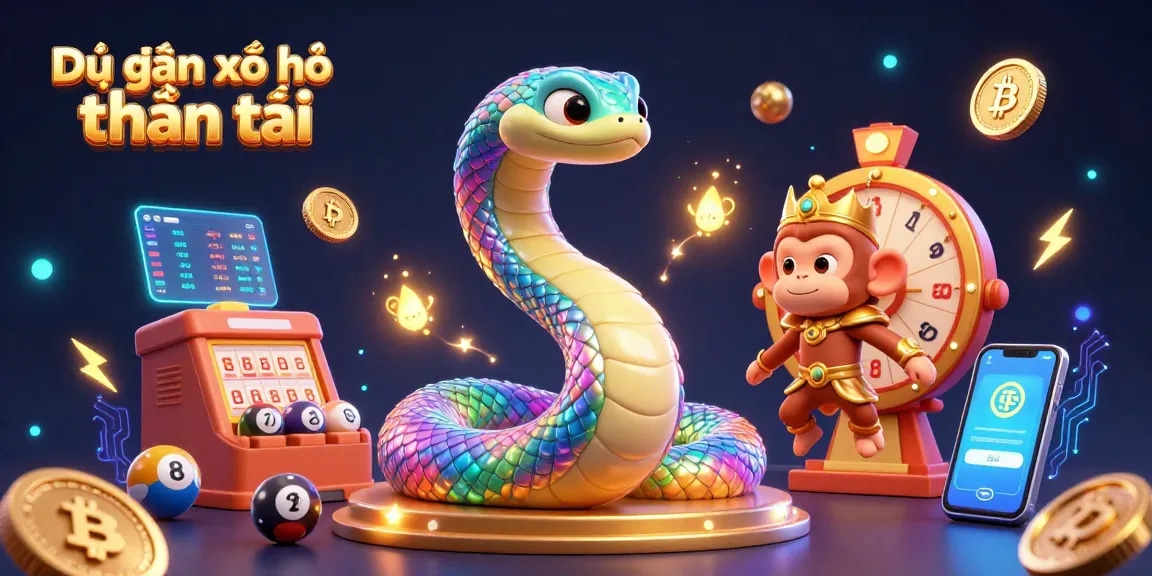 Dự đoán xổ số thần tài illustration with lottery elements, cartoon snake and monkey, showcasing vibrant colors and magical effects.