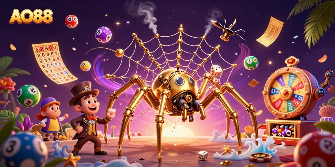 Catch exciting wins on AO88 with a vibrant, dynamic casino scene of a web catcher and playful games.