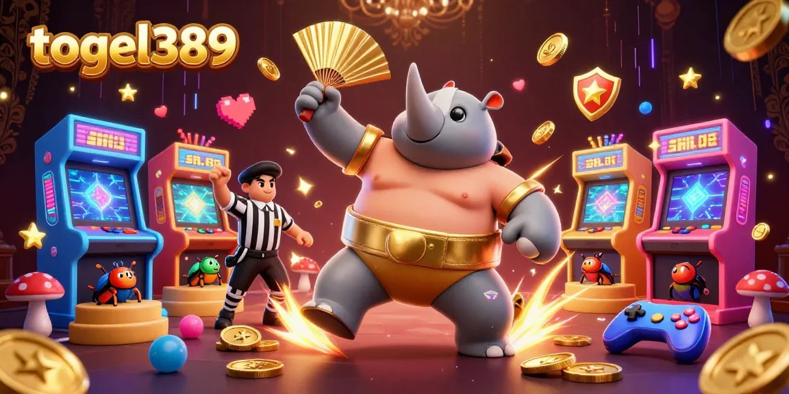 Togel389 features a thrilling 3D cartoon beetle sumo champion surrounded by arcade games and gold coins in an exciting casino scene.