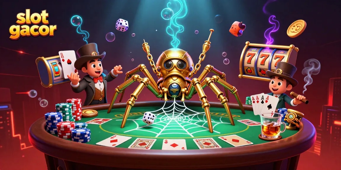 Slot gacor dengan ilustrasi kasino 3D, menampilkan laba-laba steampunk dan elemen permainan.