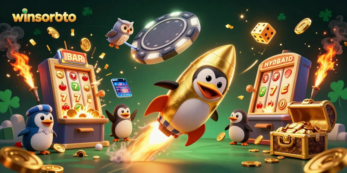 Experience winsortoto with a golden penguin racing through a dynamic casino-themed universe.