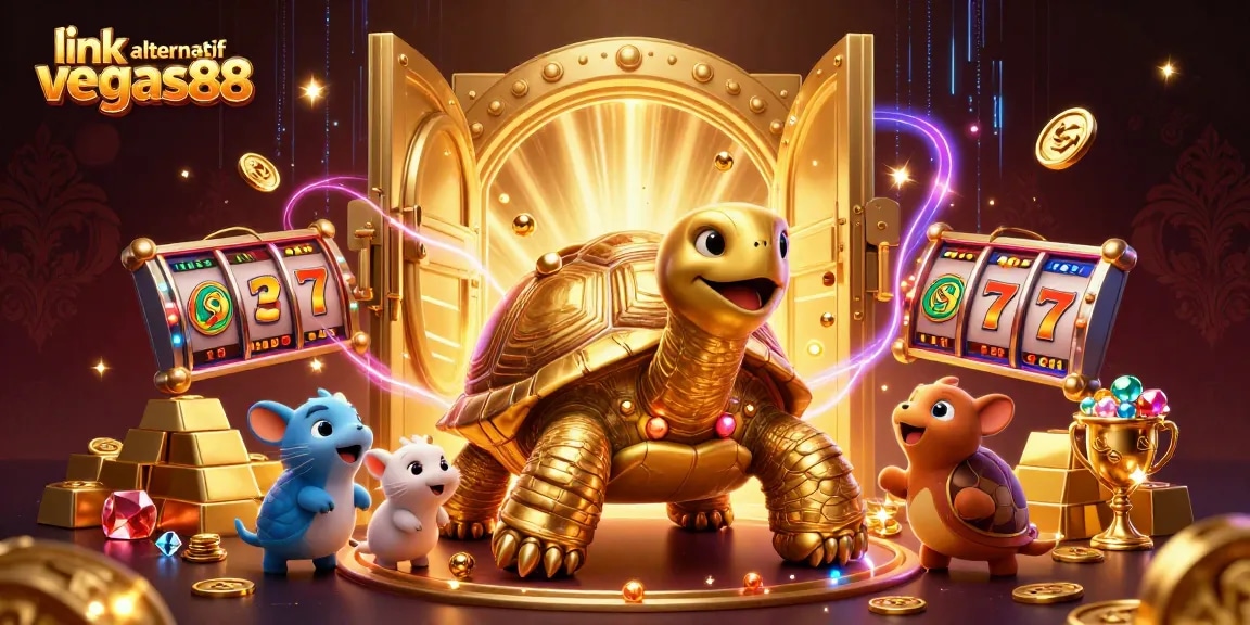 Permainan menarik di link alternatif vegas88 dengan simbol slot dan hewan kecil yang antre.