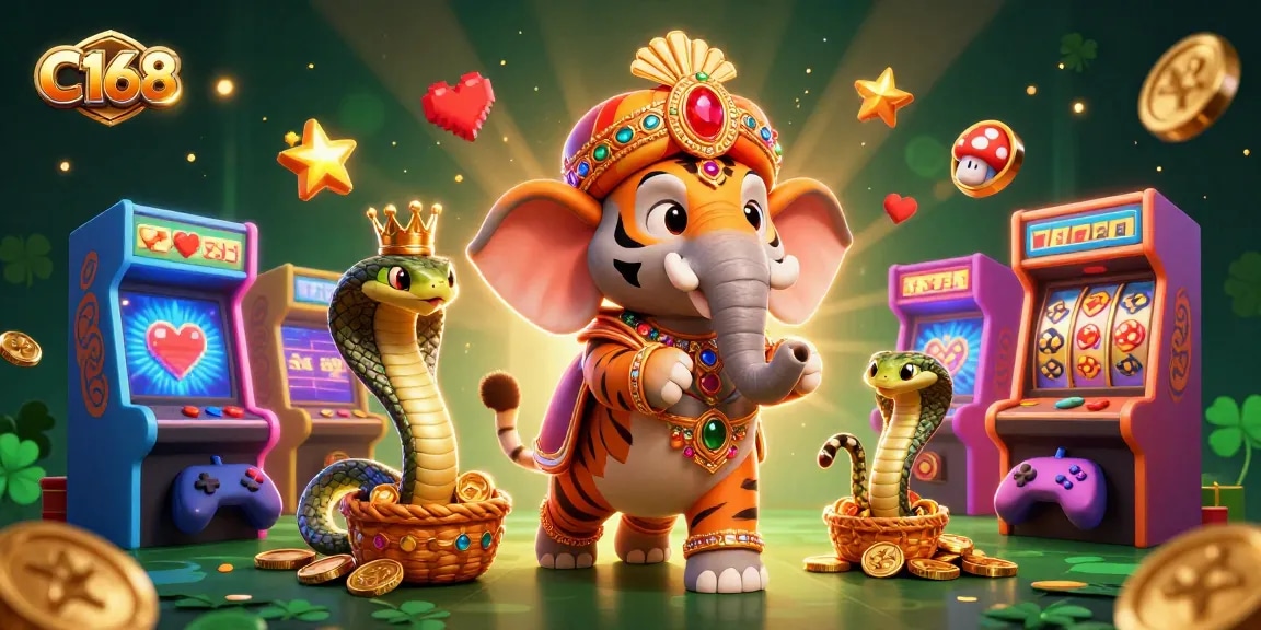 C168 captivates players with a vibrant online casino adventure featuring a maharaja tiger, an ornate elephant, and a golden cobra.