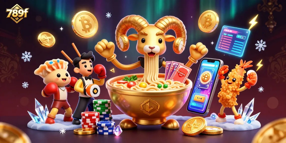 Exciting 789f casino scene featuring a golden ramen bowl dealer amidst vibrant crypto elements.