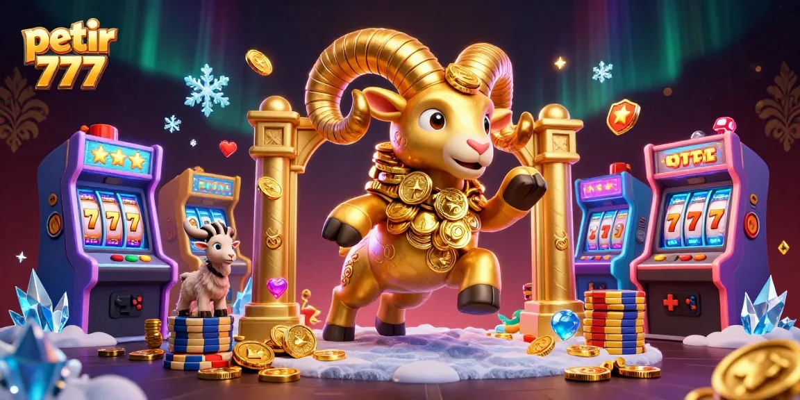 Engage with petir 777 gaming scenes featuring a golden ram charging through slot machines and coins.
