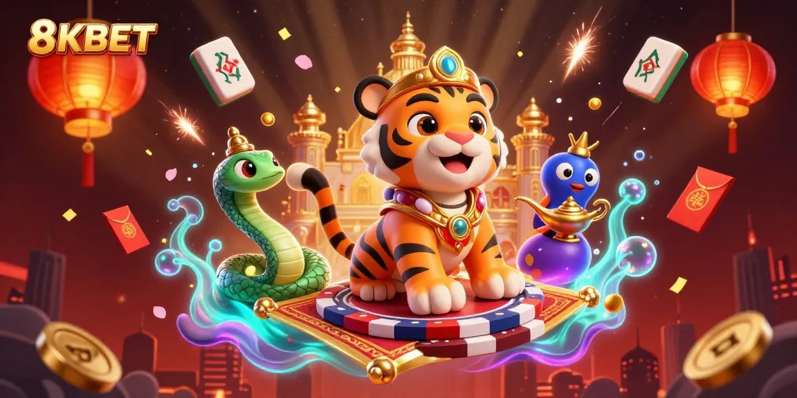 Experience winning with 8KBET's tiger sultan and casino treasures in a dazzling 3D illustration.