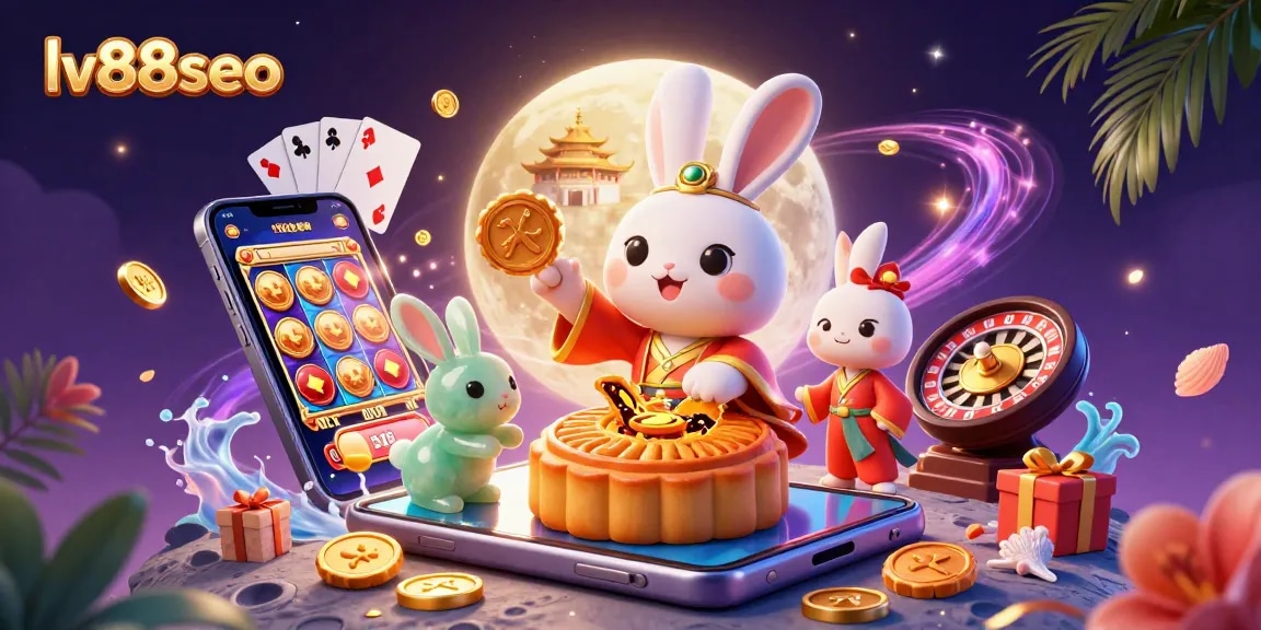 Engage with lv88seo as the moon rabbit reveals poker chips from mooncakes in a vibrant casino scene.