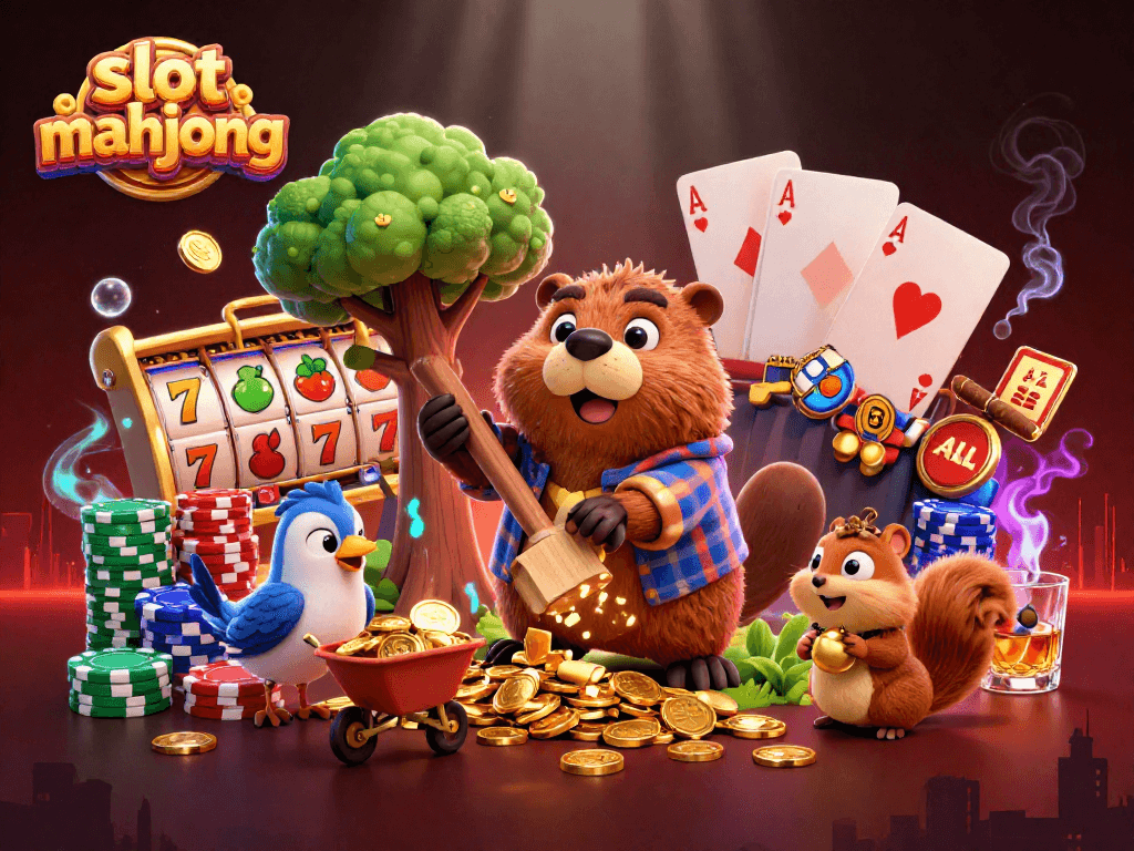 Spin the reels of slot mahjong with a vivid scene showcasing fun characters and treasures.