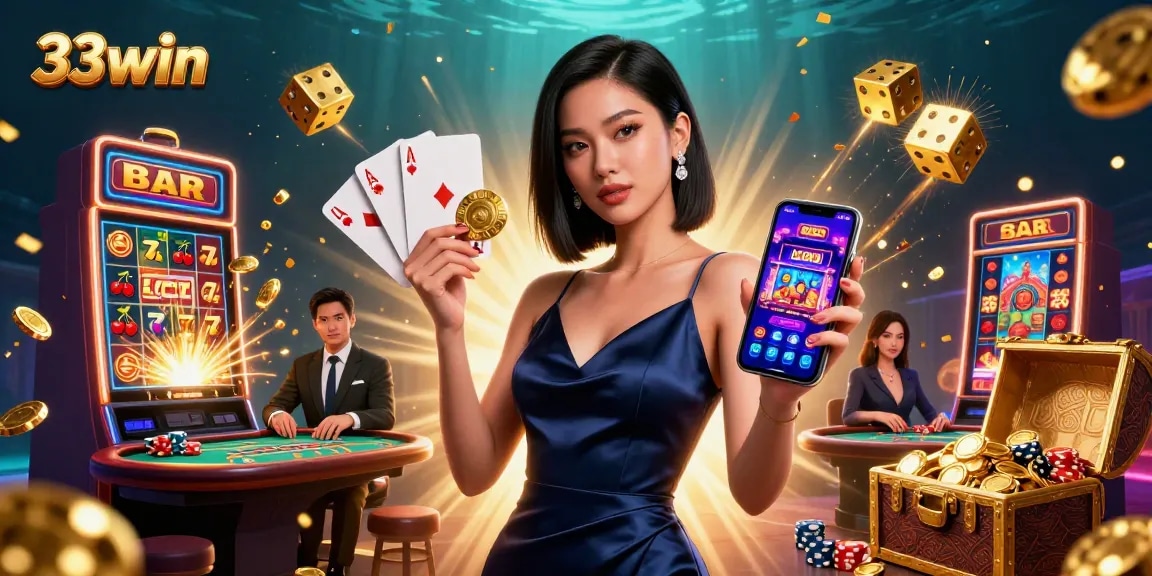 Engage with 33win by enjoying thrilling casino games featuring a confident player and vibrant jackpot elements.