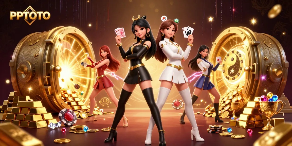 PPTOTO menampilkan duo kuat wanita Asia dalam hitam dan putih, dengan anggun memegang kartu bermain di tengah kasino yang dipenuhi harta karun.