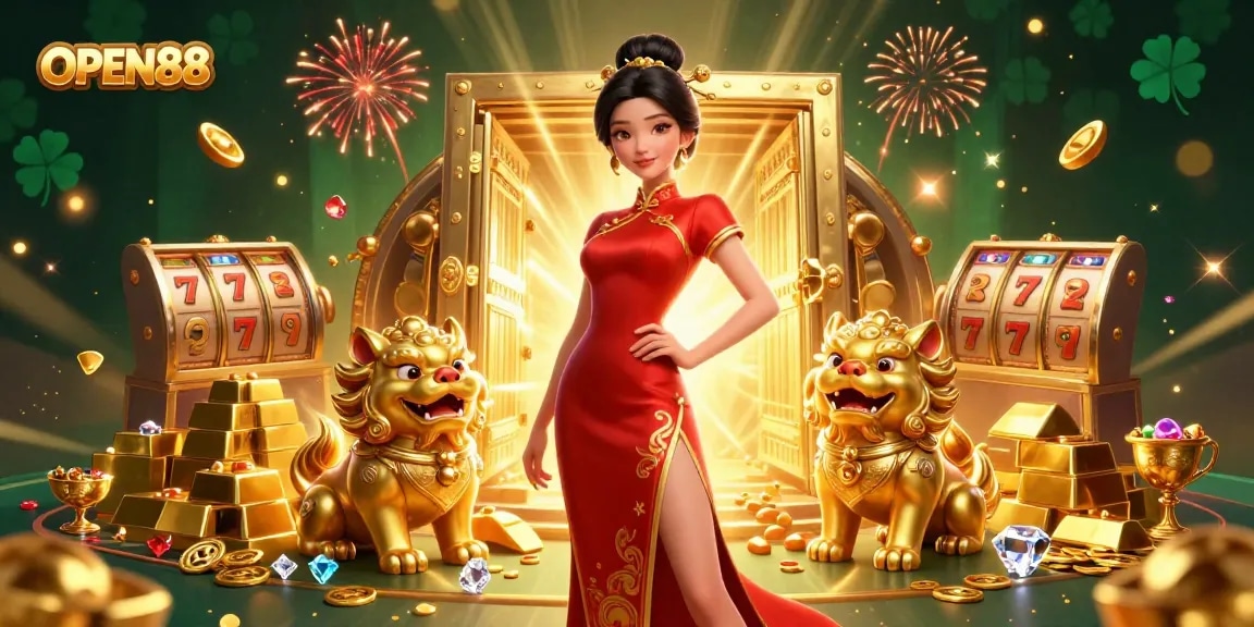 Experience excitement at OPEN88 with glamorous gaming and dazzling treasures in a vibrant 3D illustration.