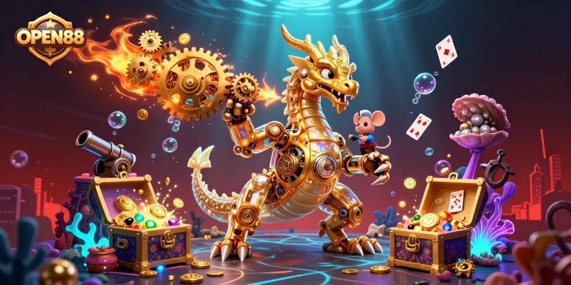 Experience the thrill of OPEN88 with dynamic 3D casino action featuring a golden dragon and colorful game elements.