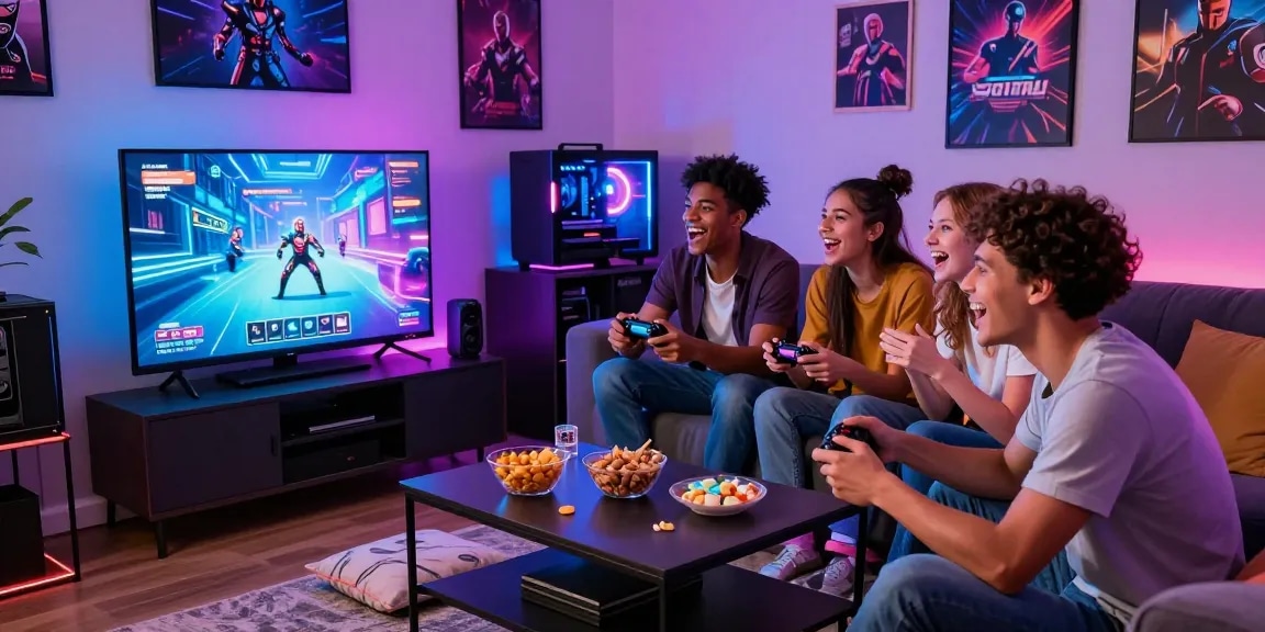 Group of friends enjoying y999-game in a vibrant gaming room with snacks and controllers