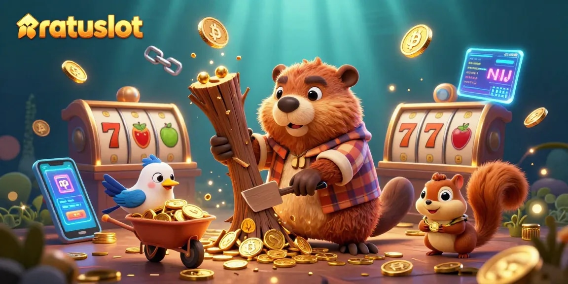 Engage with Ratuslot's thrilling gaming experience, featuring dynamic characters stacked with golden coins and classic slot elements.