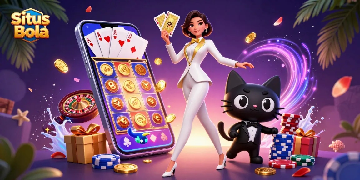 Situs Bola betting scene with a glamorous woman and a tuxedo cat, showcasing dynamic gambling elements.