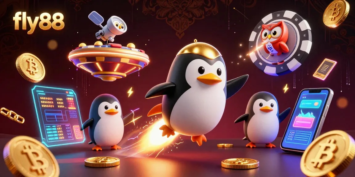 Experience exciting wins with fly88's dynamic casino universe featuring a golden penguin and crypto elements.