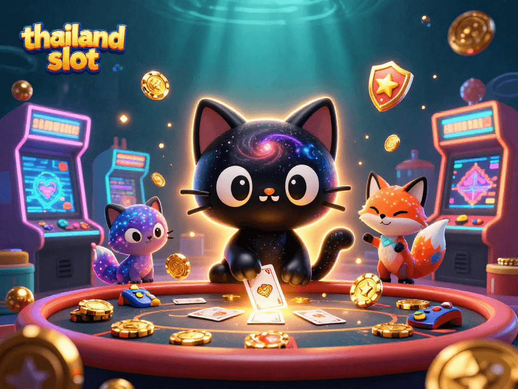 Spin and win with thailand slot at the cosmic casino featuring a black hole cat.